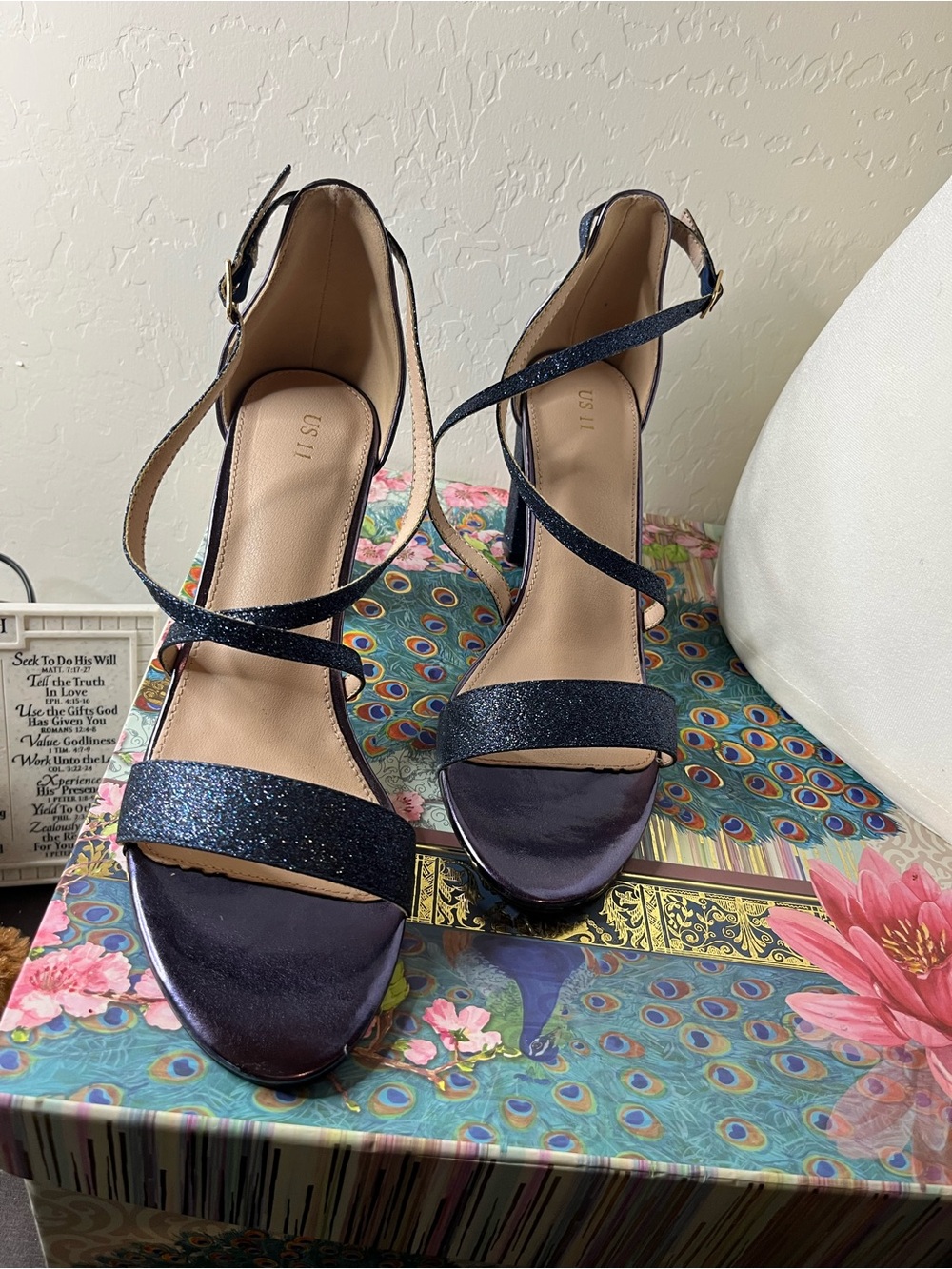 Allegra K Glitter Crisscross Strap Block Heel Sandals Navy Blue Size 11 - Picture 8 of 8